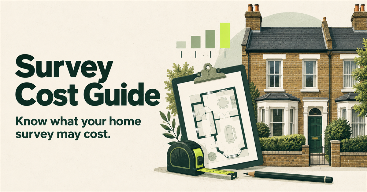 Illustration of a British home, survey clipboard and measured cost range